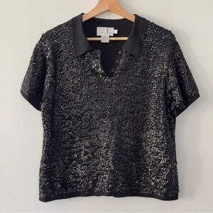 Vintage Studio Jax Women's Black Sequin Polo Top Tennis Golf Shirt Western Glam
